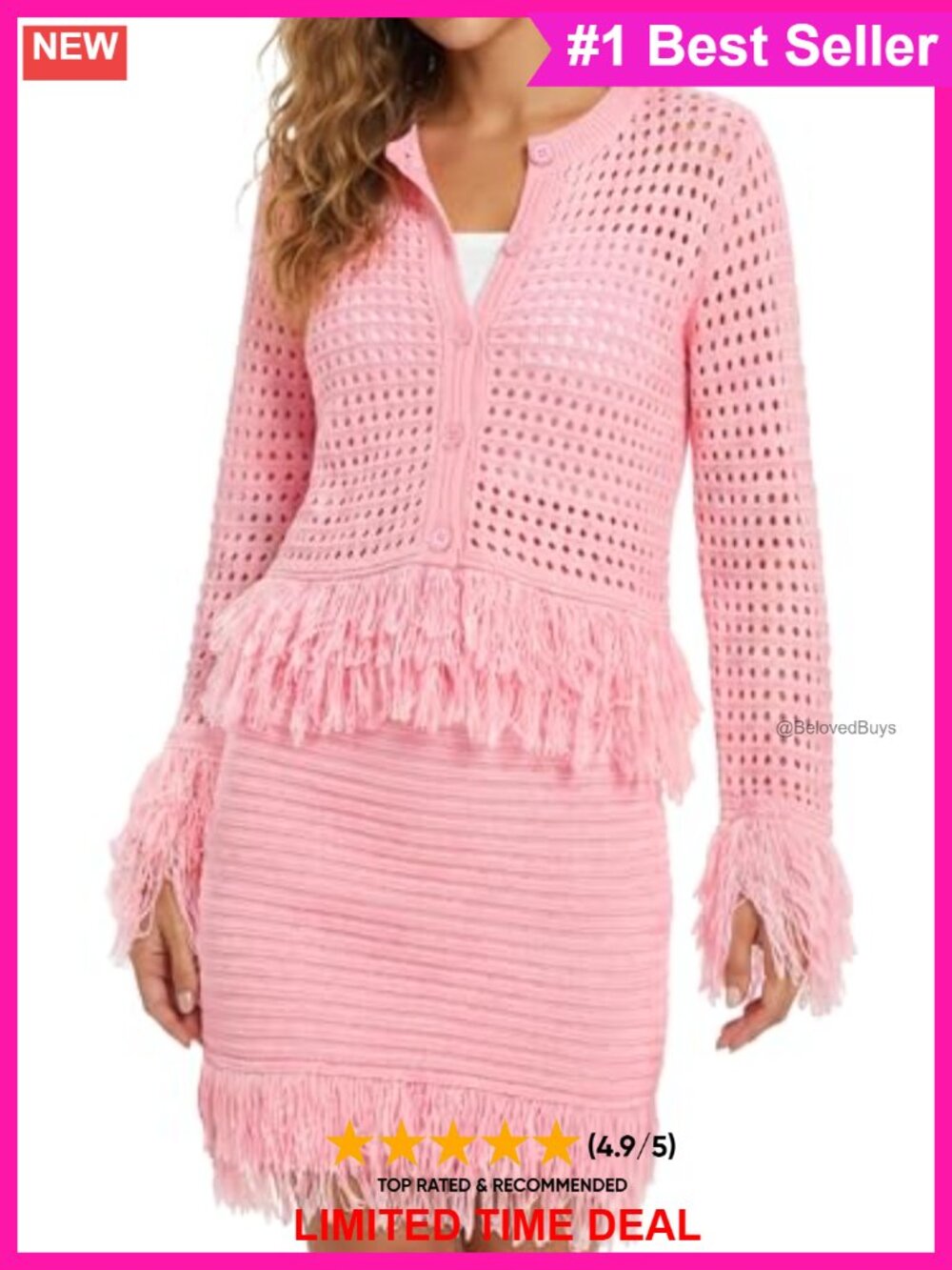 Women's Crochet Knit Sweater and Fringe Skirt Set Long Sleeve Cardigan